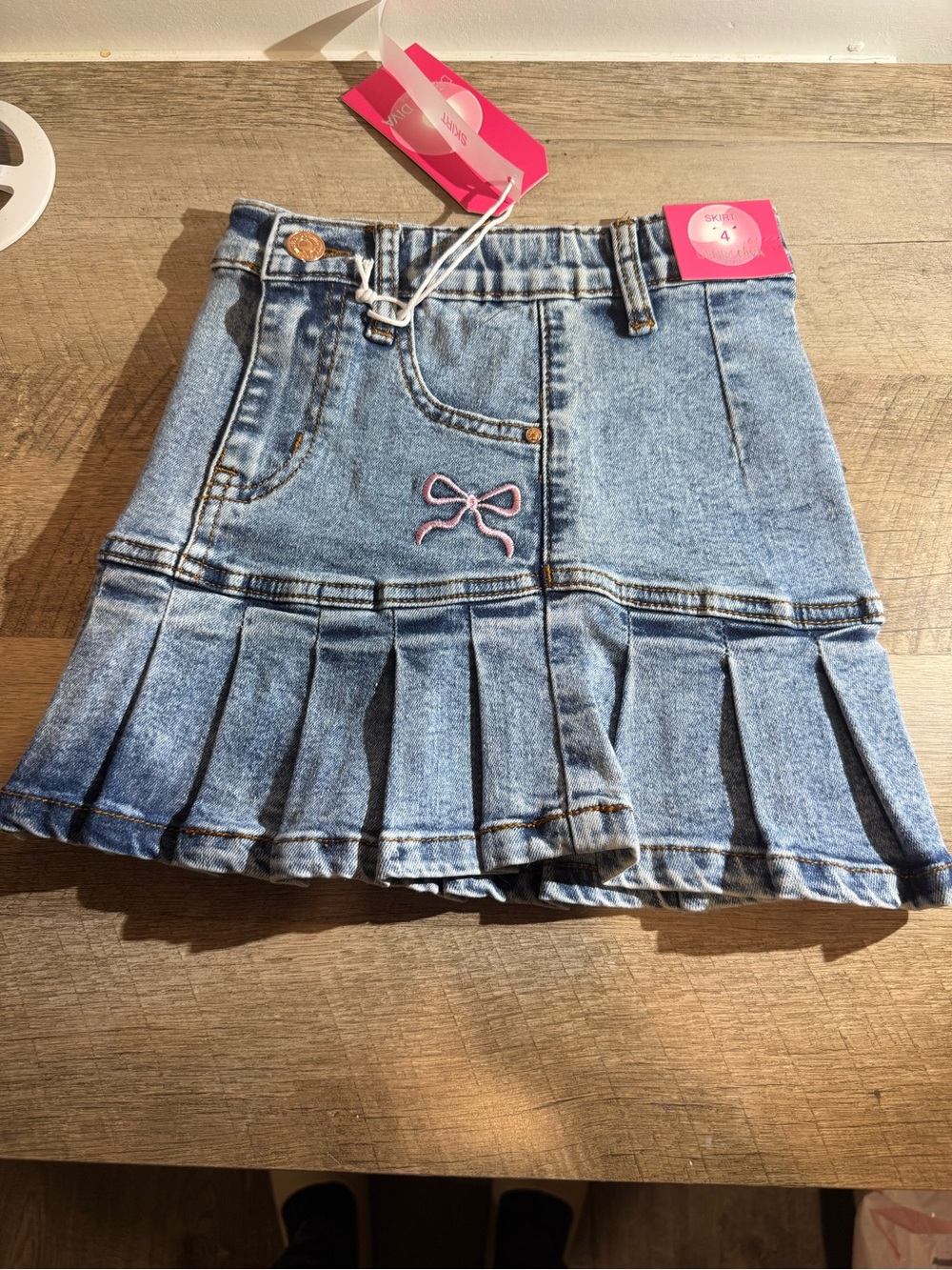 Girls Denim Pleated Skirt with Pink Bow Embroidery